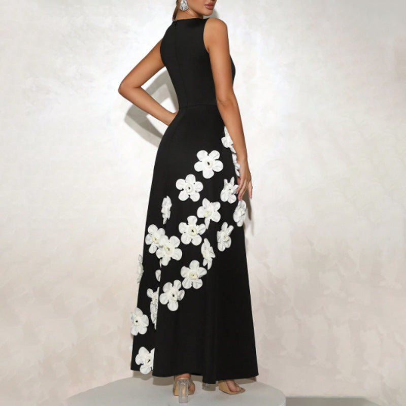 Elegant Elegant Dress High Grade Three Dimensional Floral Design round Neck Sleeveless High Waist A line Dress