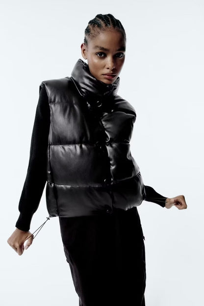 Adira Stand-Collar Faux Leather Vest