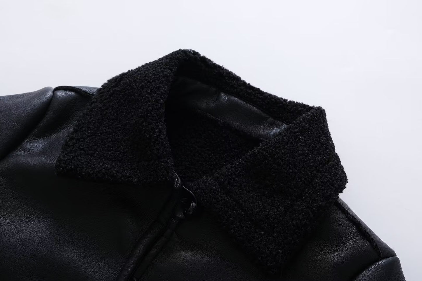 Women Leather Ring Loop Coat Black Short
