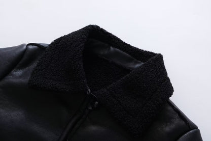 Women Leather Ring Loop Coat Black Short