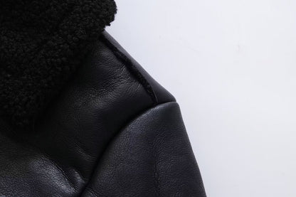 Women Leather Ring Loop Coat Black Short