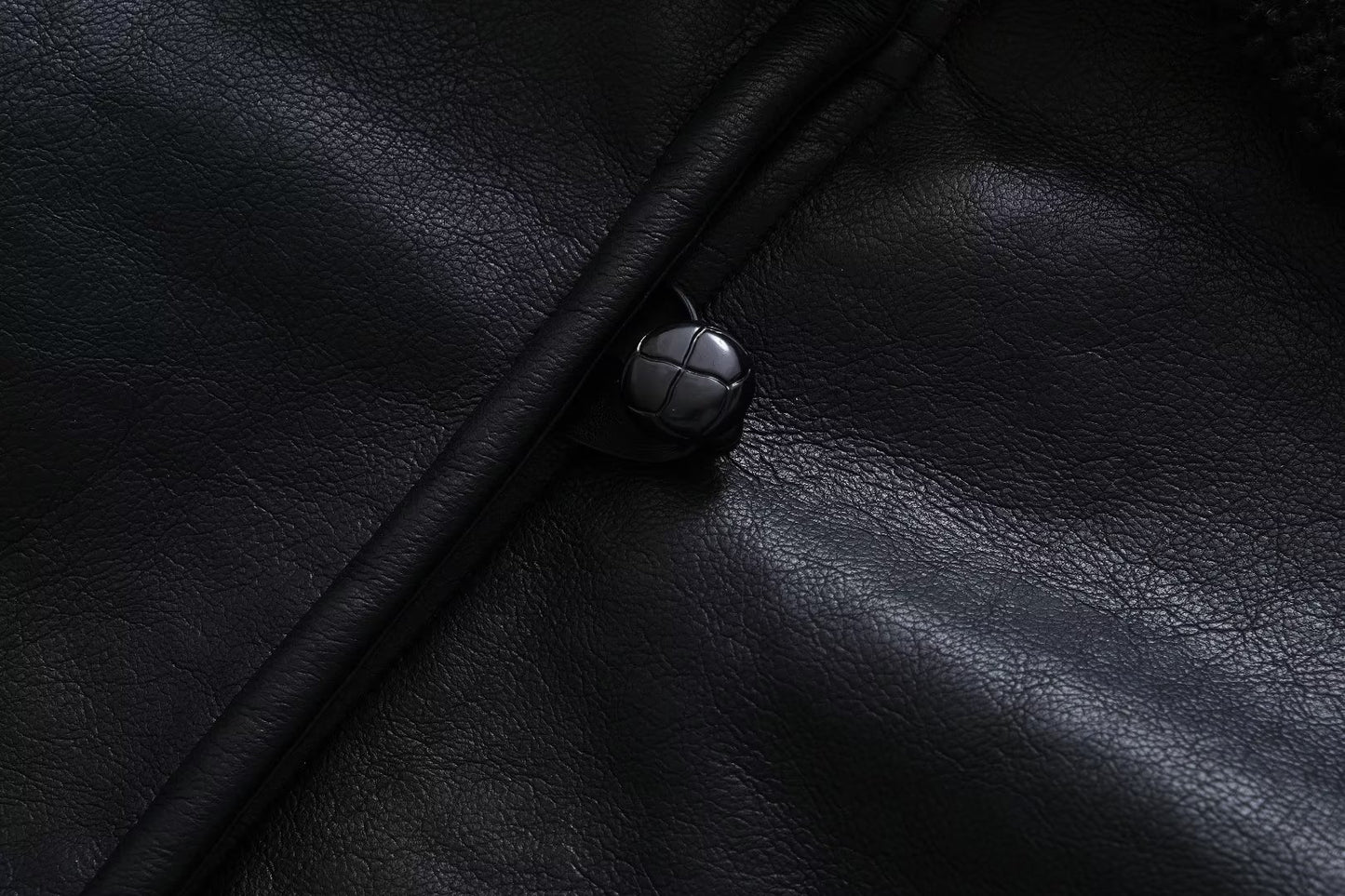 Women Leather Ring Loop Coat Black Short