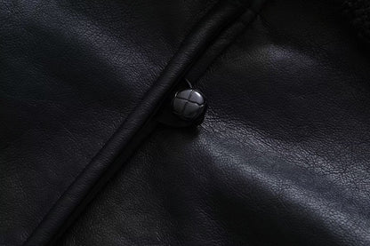 Women Leather Ring Loop Coat Black Short