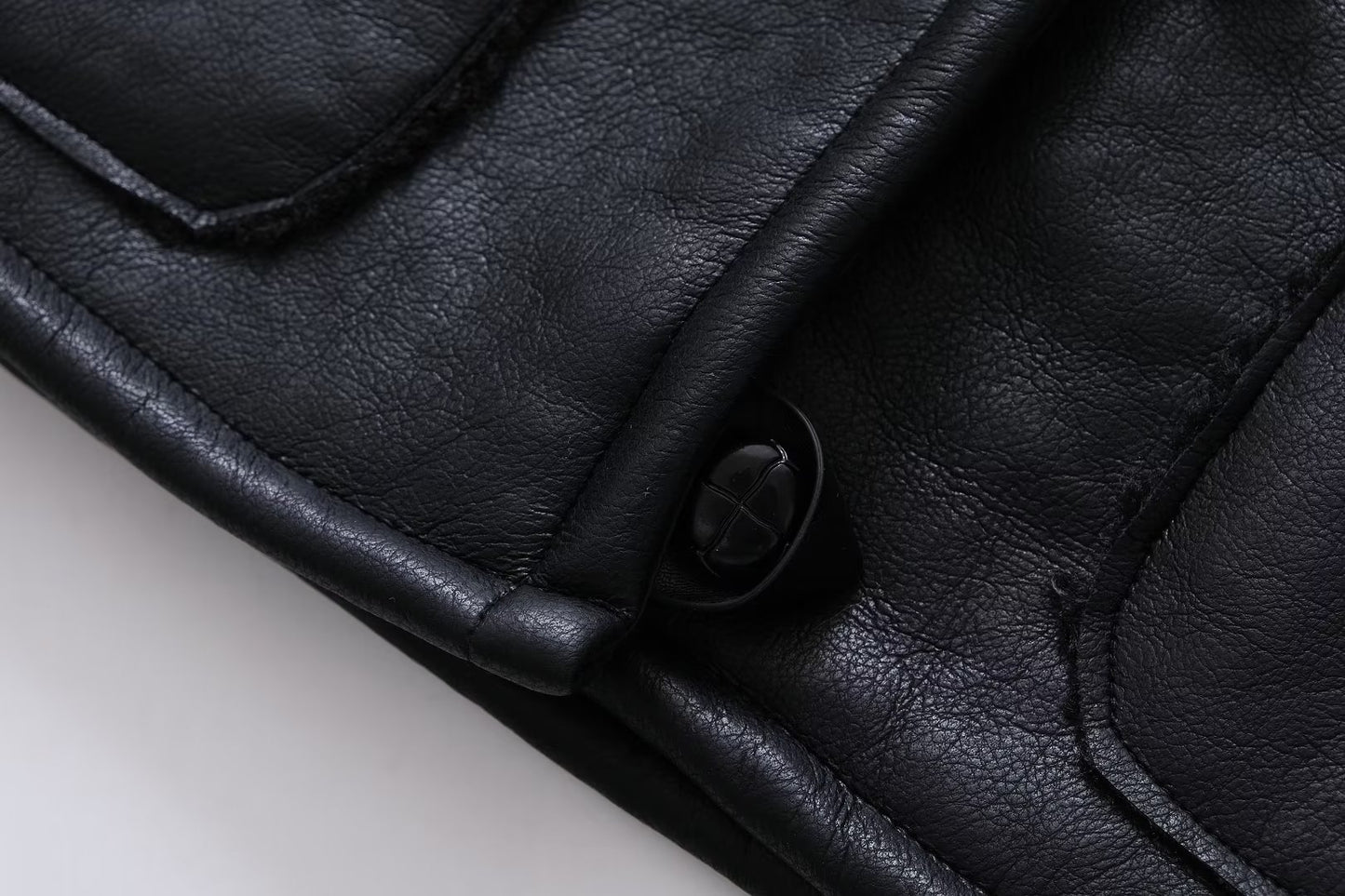 Women Leather Ring Loop Coat Black Short