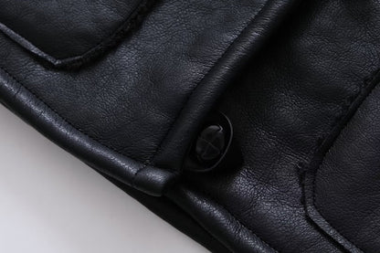 Women Leather Ring Loop Coat Black Short