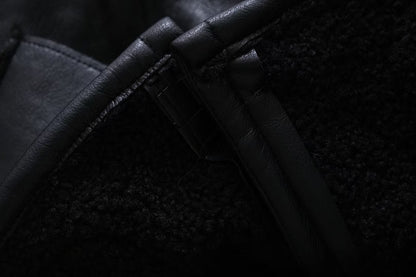 Women Leather Ring Loop Coat Black Short