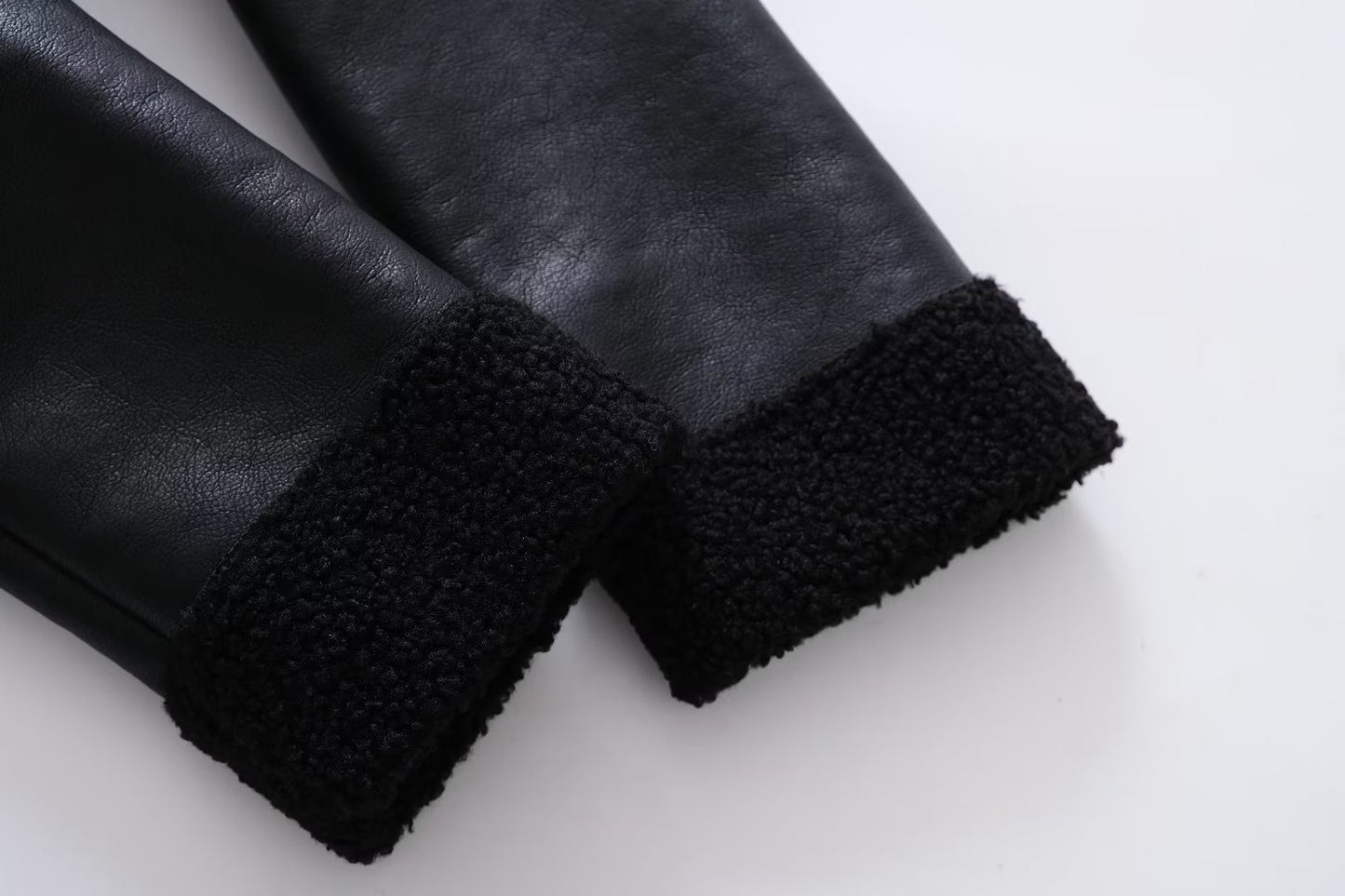 Women Leather Ring Loop Coat Black Short