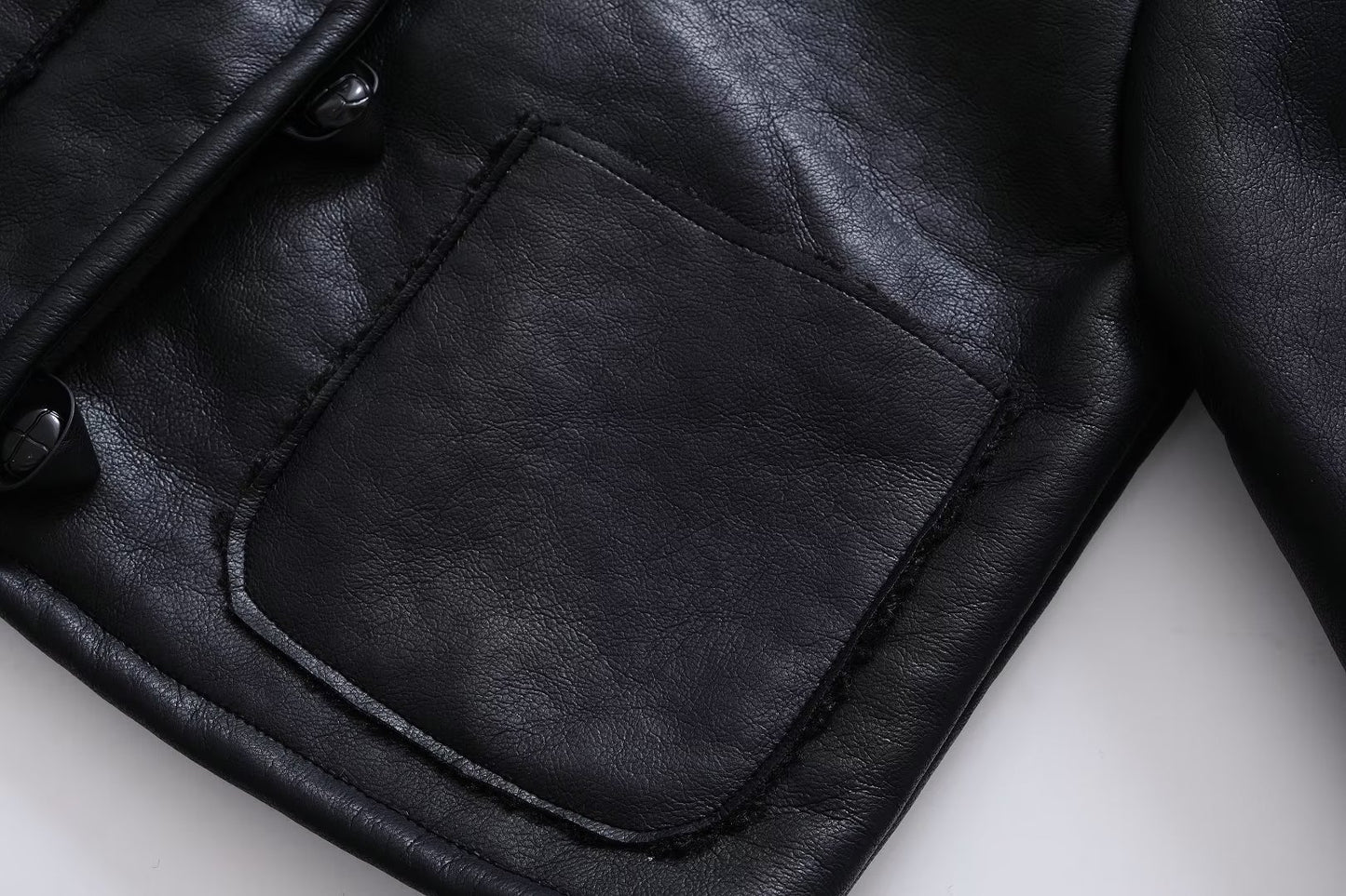 Women Leather Ring Loop Coat Black Short