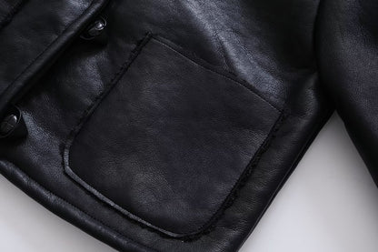 Women Leather Ring Loop Coat Black Short