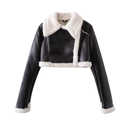 Asha French Black Leather & White Fur Coat