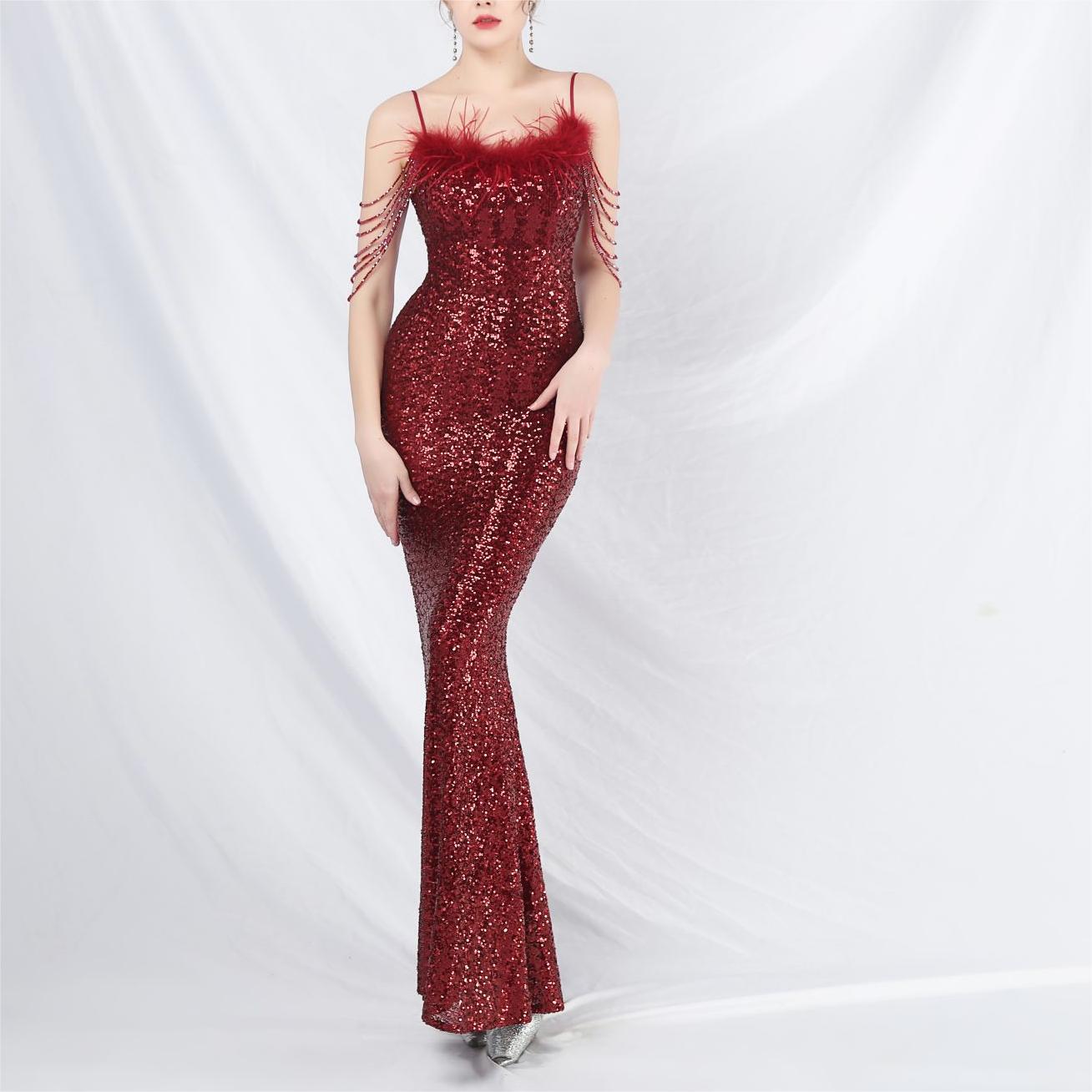 Zahira Beaded Feather Sequin Evening Dress