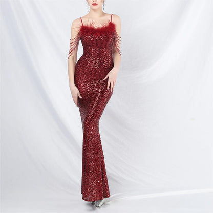 Zahira Beaded Feather Sequin Evening Dress
