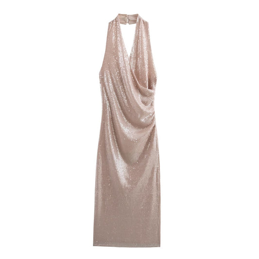 Éliane Sequin Pleated Halter Dress