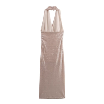 Éliane Sequin Pleated Halter Dress