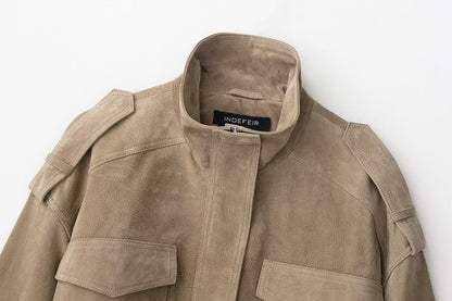 Women Clothing Suede Textured Leather Coat