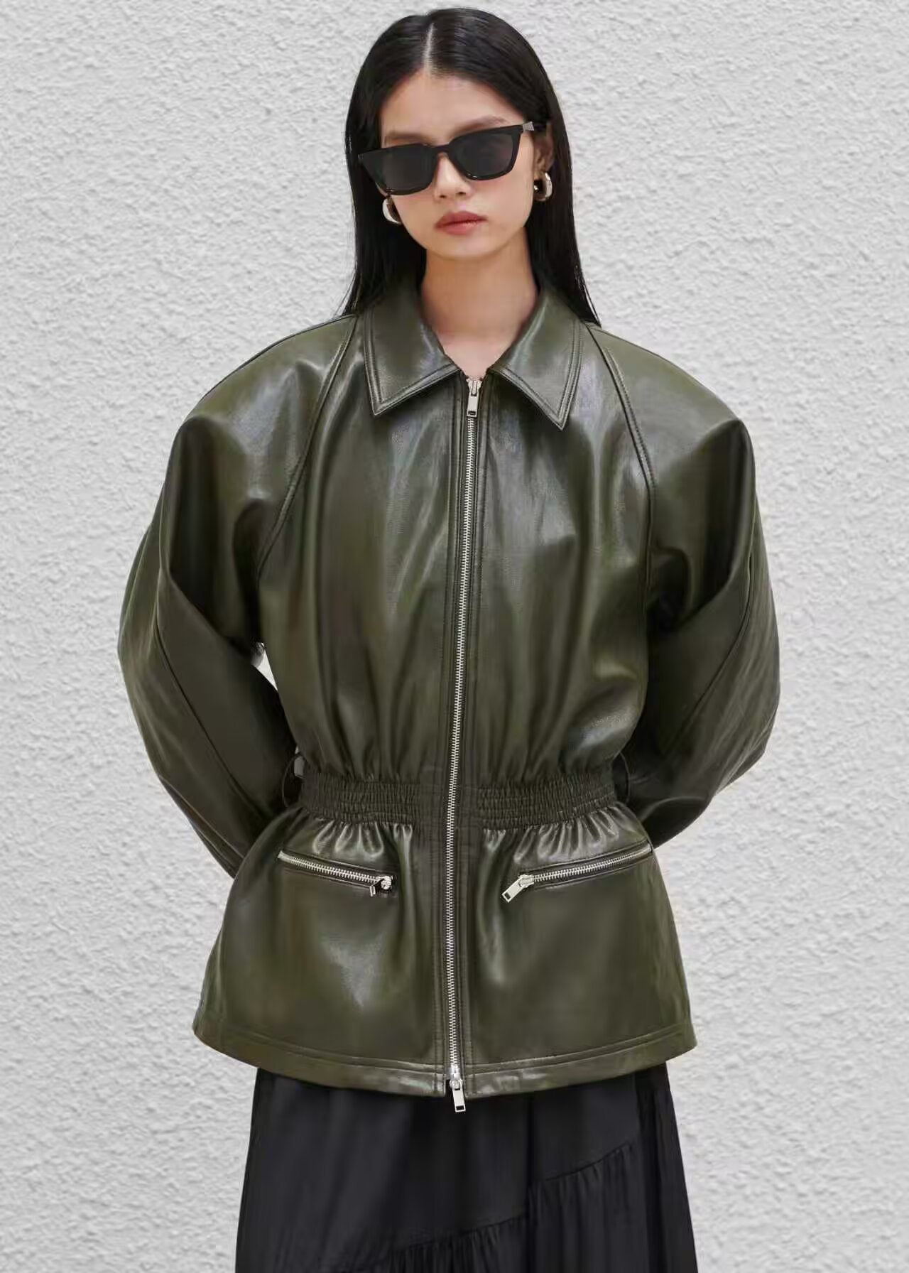 Manteau en cuir vert Tayari