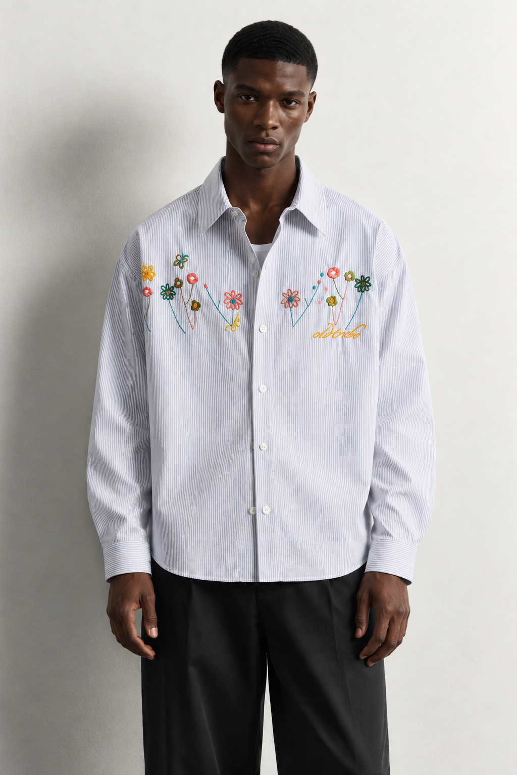 Dele Floral-Embroidered Anti-Wrinkle Long-Sleeve Shirt