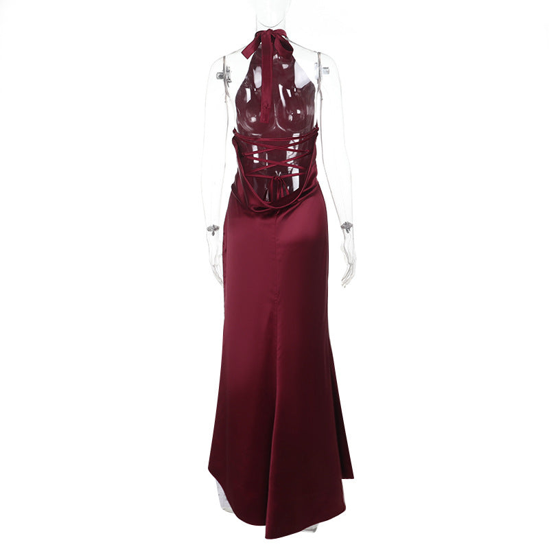 Zuri Backless Halter Satin Maxi Dress