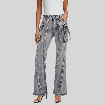 Street Tide Brand Waste Soil Cargo Jeans Three Dimensional Pocket Frayed Wide Leg Pants Women Jeans