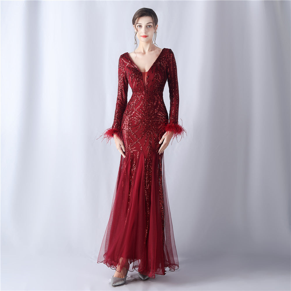 Zayira Ostrich Hair Mesh Evening Dress