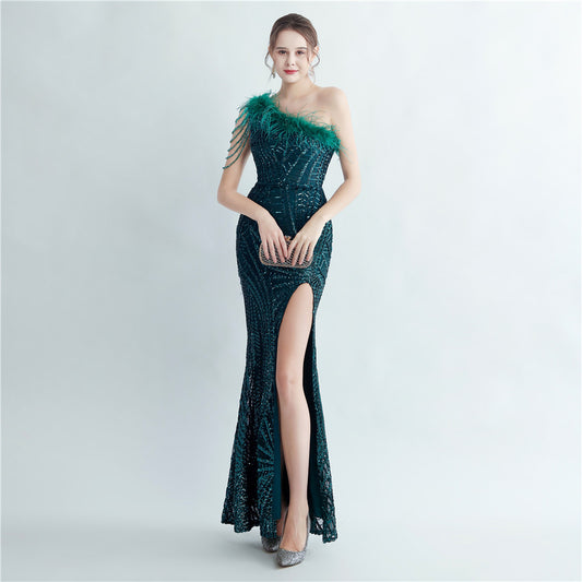 Tahlia Ostrich Hair Sequin Evening Dress