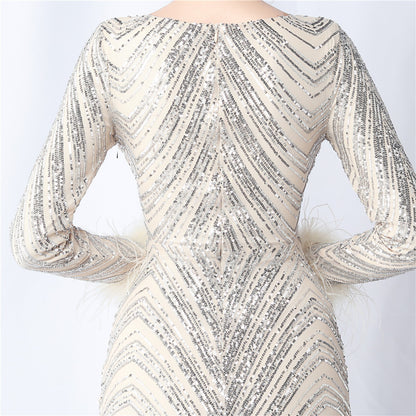 Amirah Feathered Sequin Evening Dress