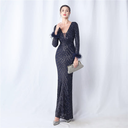 Amirah Feathered Sequin Evening Dress