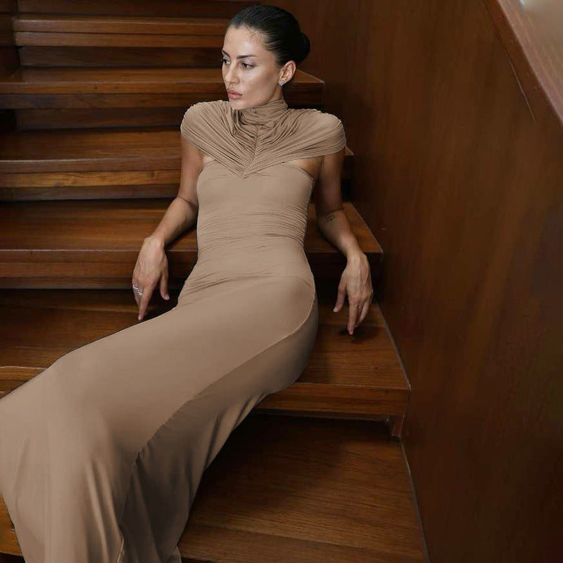 Imara Hollow-Out Pleated Turtleneck Dress