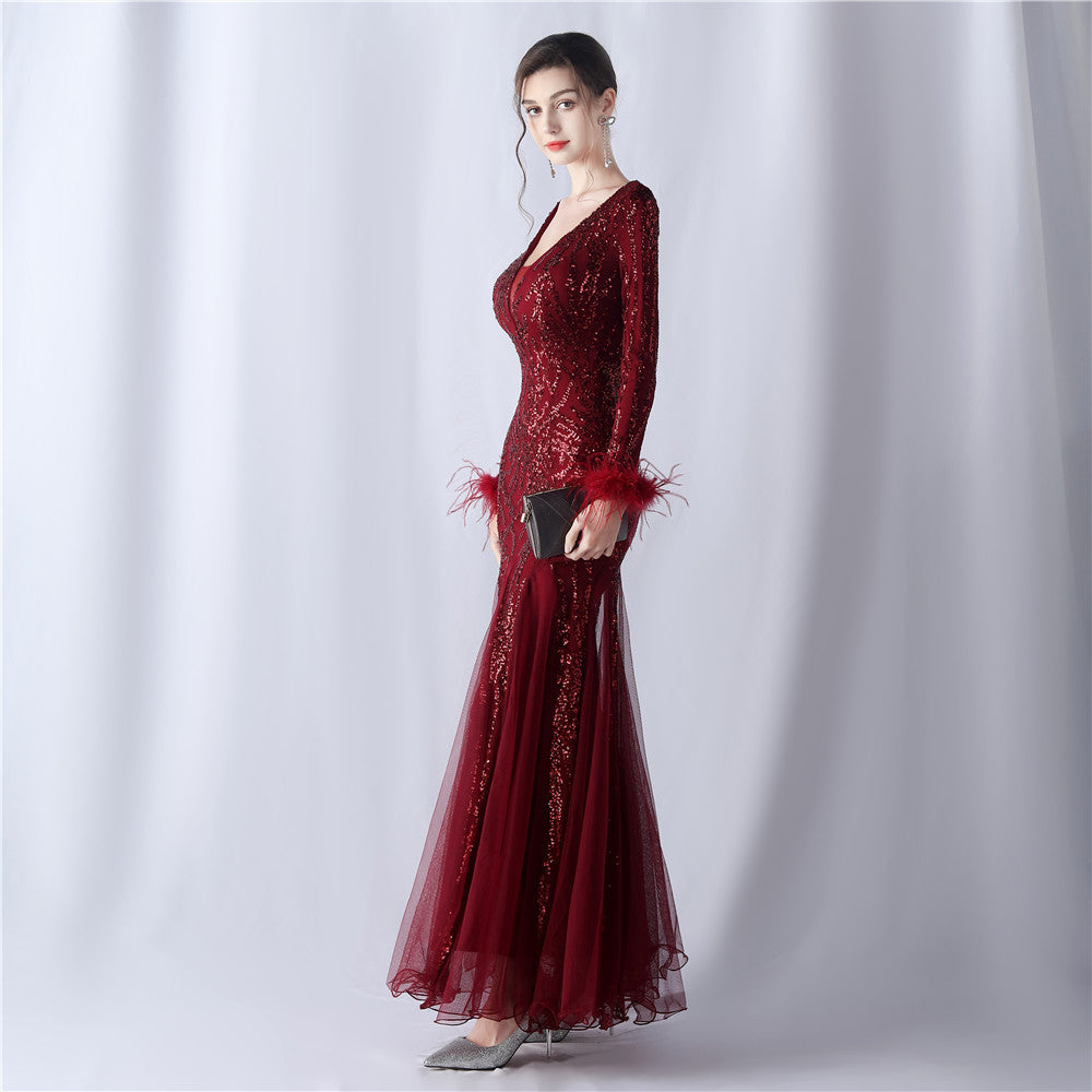 Zayira Ostrich Hair Mesh Evening Dress