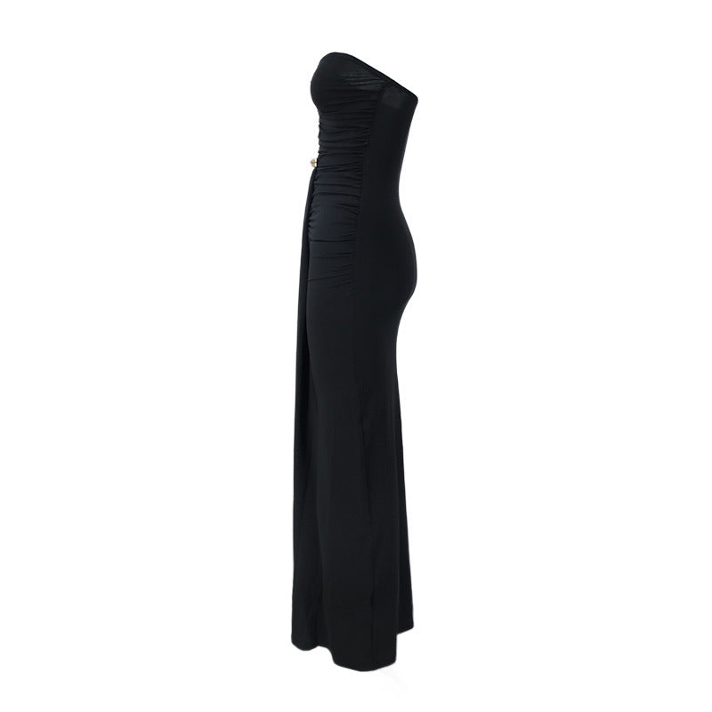 Women Clothing Elegant Chest Wrapped Pleated Three Dimensional Design High Sense Backless Maxi Dress Waist Tight