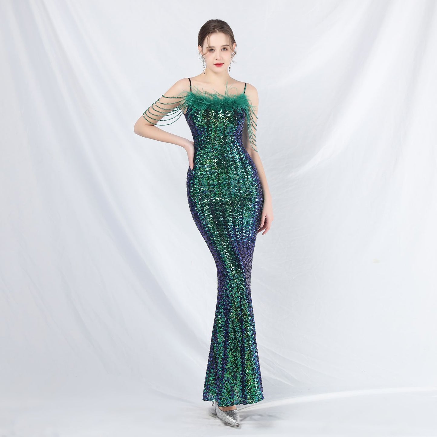 Zahira Beaded Feather Sequin Evening Dress