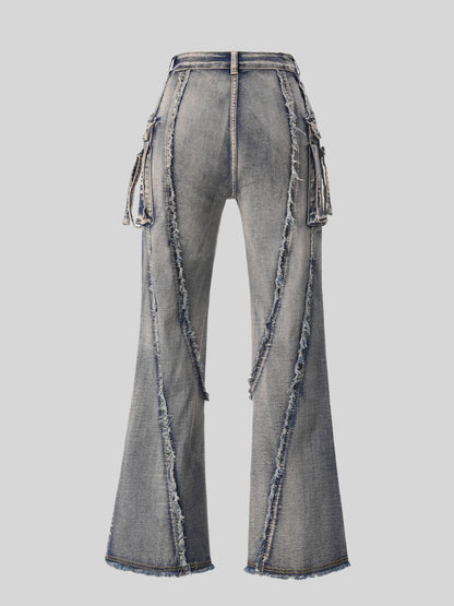 Street Tide Brand Waste Soil Cargo Jeans Three Dimensional Pocket Frayed Wide Leg Pants Women Jeans