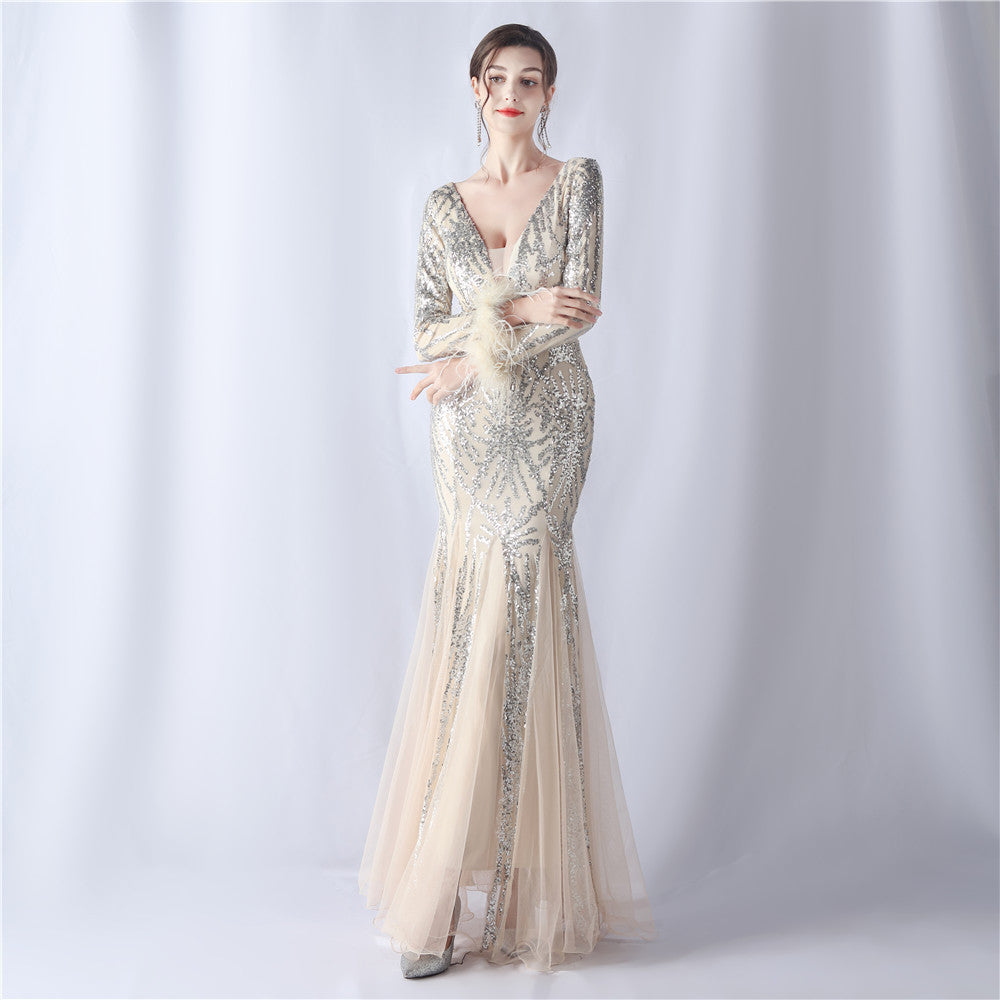 Zayira Ostrich Hair Mesh Evening Dress