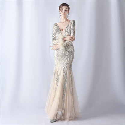 Zayira Ostrich Hair Mesh Evening Dress