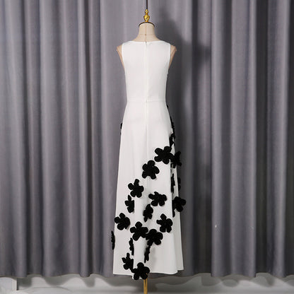 Elegant Elegant Dress High Grade Three Dimensional Floral Design round Neck Sleeveless High Waist A line Dress