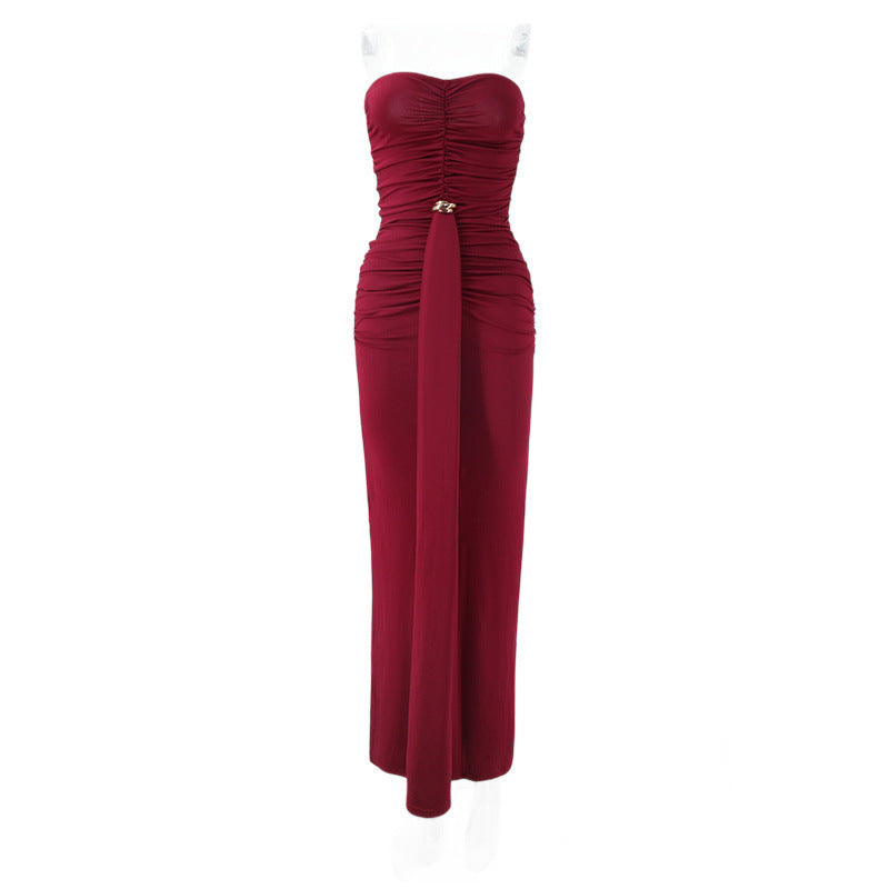 Women Clothing Elegant Chest Wrapped Pleated Three Dimensional Design High Sense Backless Maxi Dress Waist Tight