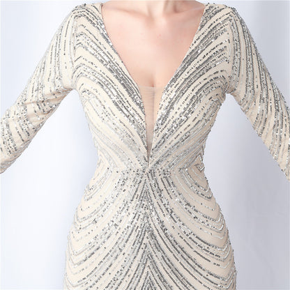 Amirah Feathered Sequin Evening Dress