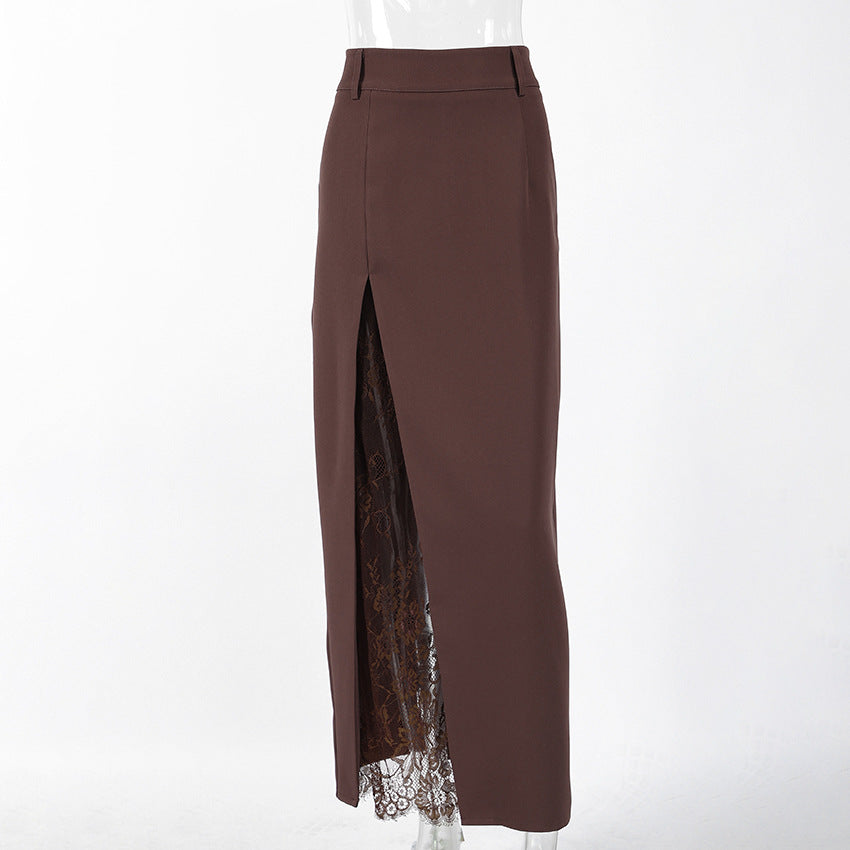 Summer Side Slit Stitching Lace Sexy See through Skirt All Matching Elegant Graceful Women Commuting Wear（Without belt）