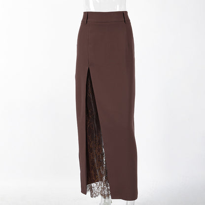Summer Side Slit Stitching Lace Sexy See through Skirt All Matching Elegant Graceful Women Commuting Wear（Without belt）