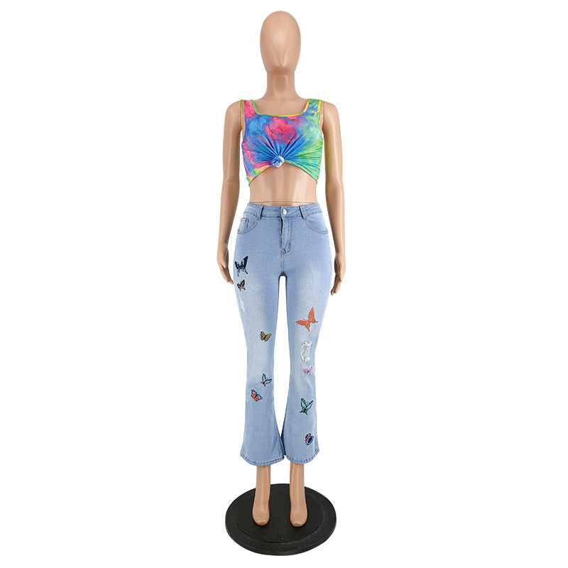 Jean en denim délavé brodé Amahle