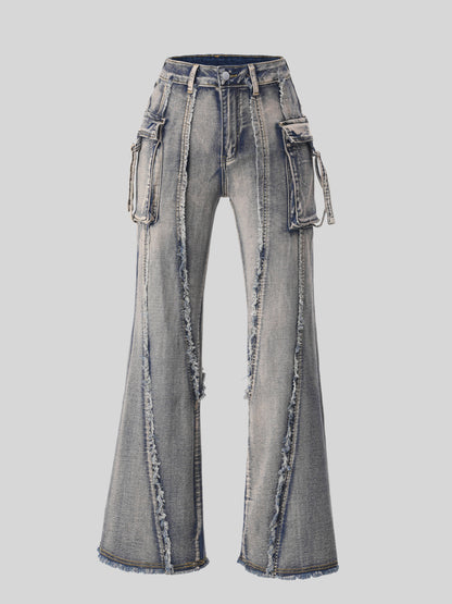 Street Tide Brand Waste Soil Cargo Jeans Three Dimensional Pocket Frayed Wide Leg Pants Women Jeans
