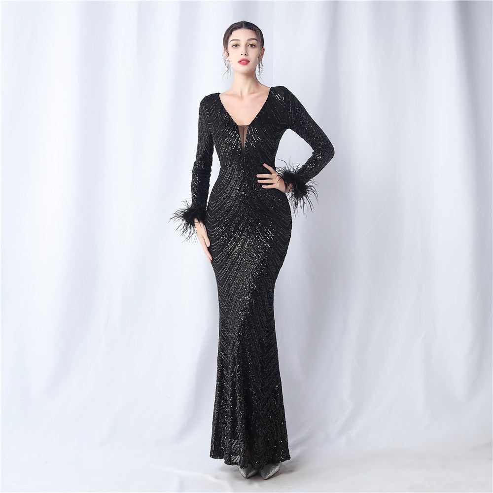 Amirah Feathered Sequin Evening Dress