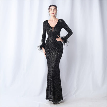 Amirah Feathered Sequin Evening Dress