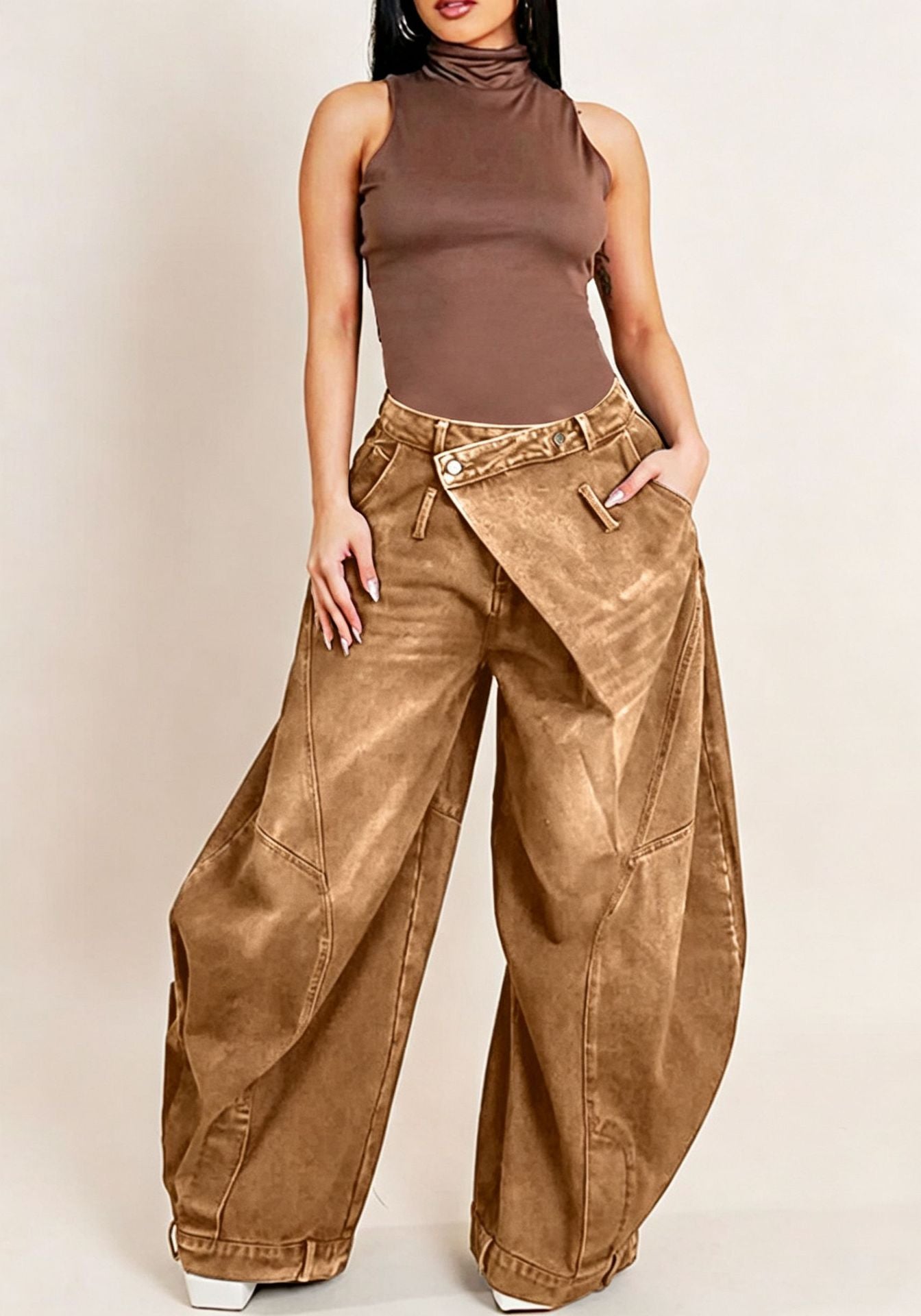 Women Wear Supply Washed Distressed Pocket Wide Loose Jeans Women