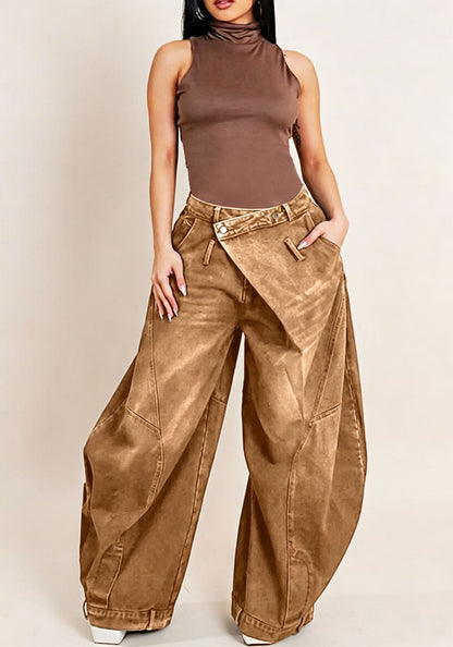 Women Wear Supply Washed Distressed Pocket Wide Loose Jeans Women