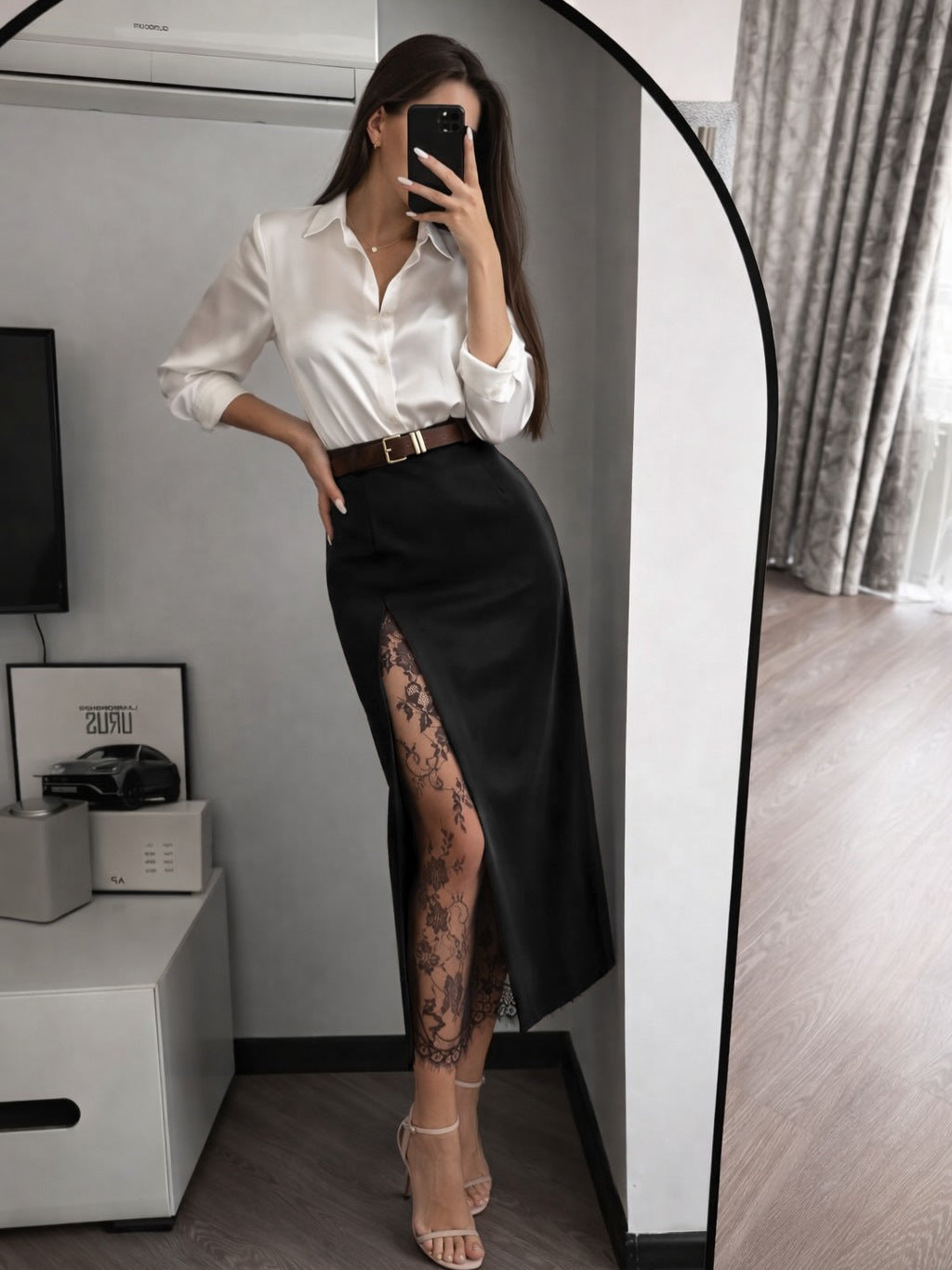 Summer Side Slit Stitching Lace Sexy See through Skirt All Matching Elegant Graceful Women Commuting Wear（Without belt）