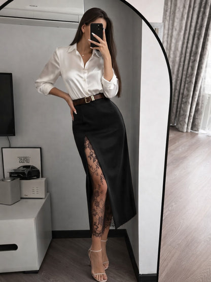 Summer Side Slit Stitching Lace Sexy See through Skirt All Matching Elegant Graceful Women Commuting Wear（Without belt）