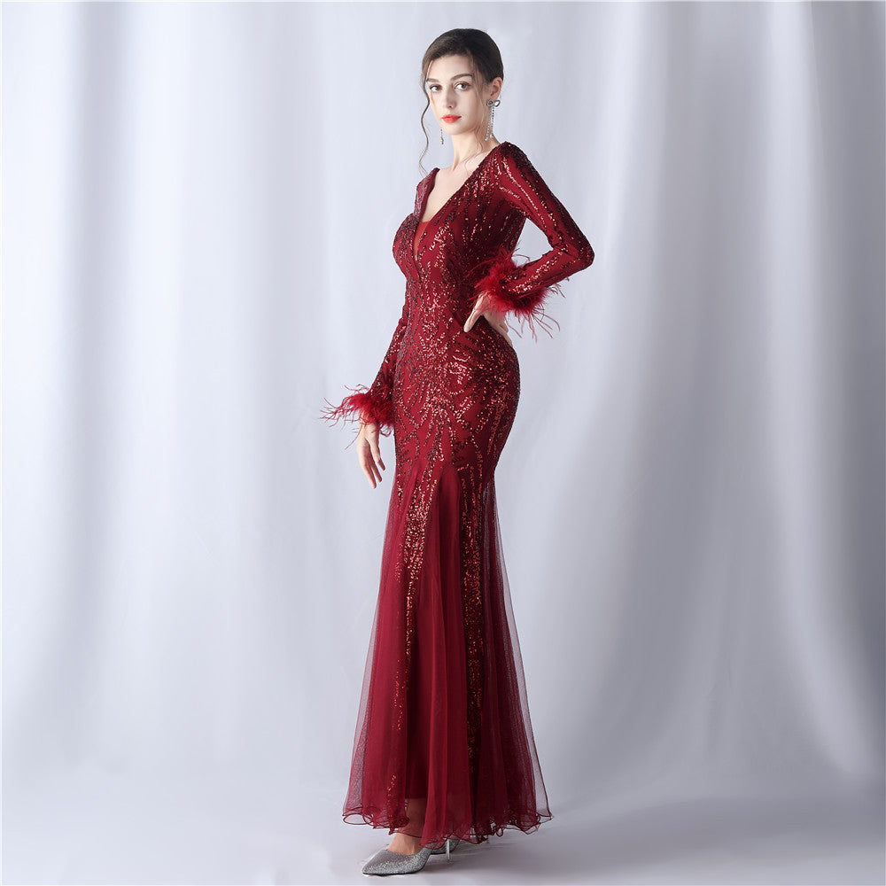 Zayira Ostrich Hair Mesh Evening Dress