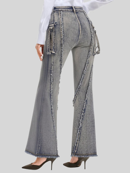 Street Tide Brand Waste Soil Cargo Jeans Three Dimensional Pocket Frayed Wide Leg Pants Women Jeans