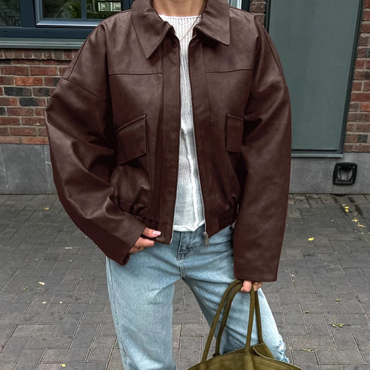 Nia Loose Spring Autumn Retro Leather Bomber